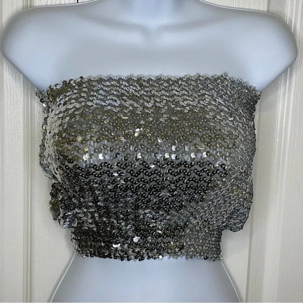 NWT Vintage Full Sequin Stretchy Cropped Top Silver Size XS